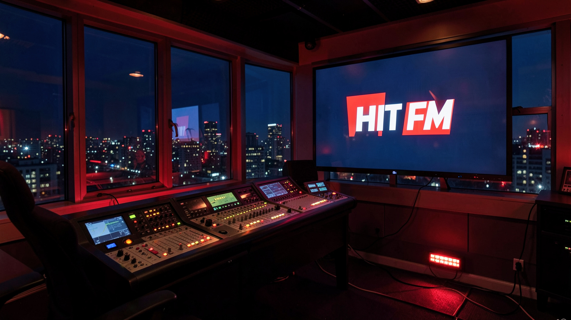 A sleek Moscow FM radio studio at night with a screen displaying the Hit FM logo