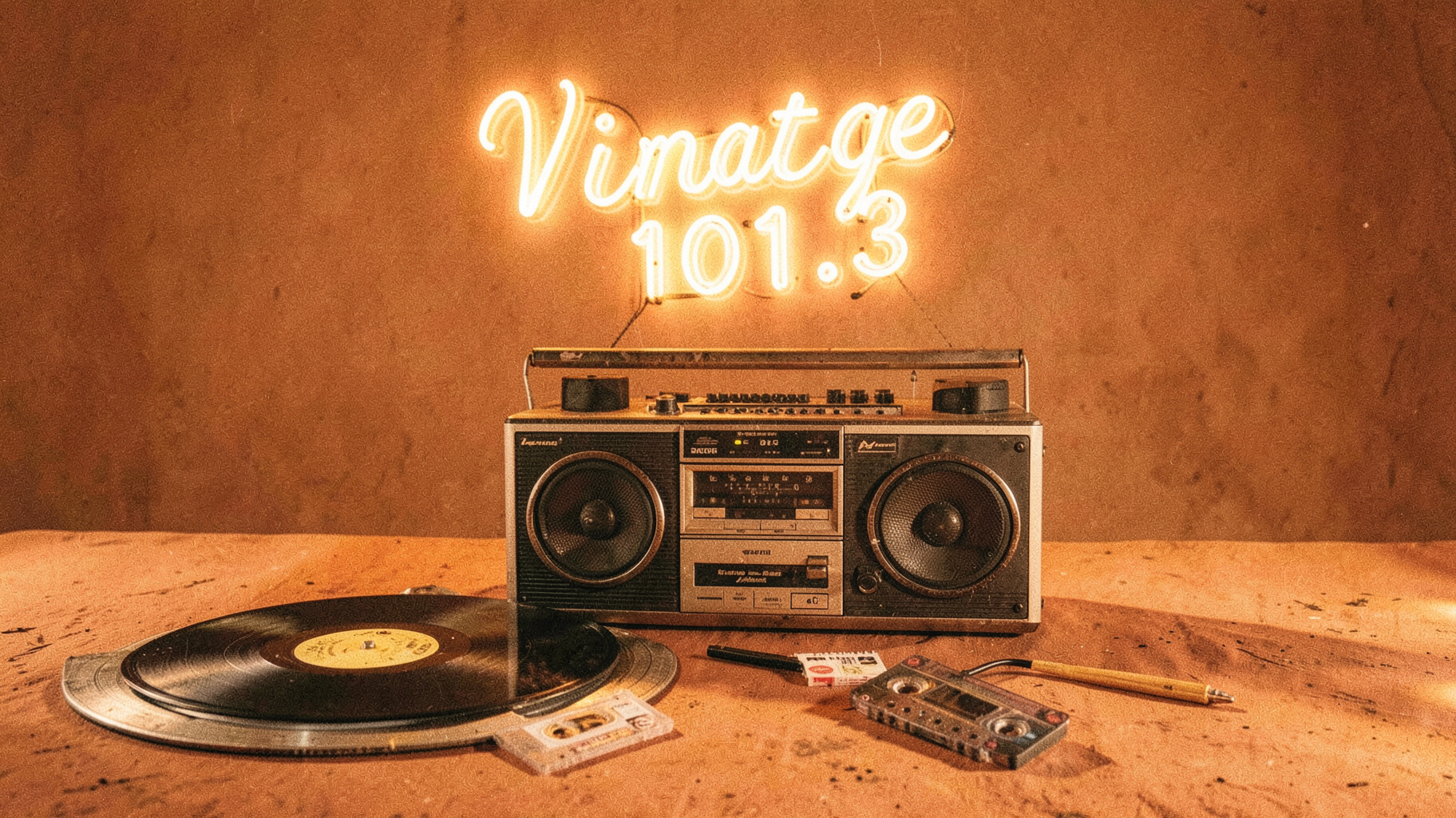 Retro vinyl and boombox scene representing Vintage 101.3 in Los Mochis