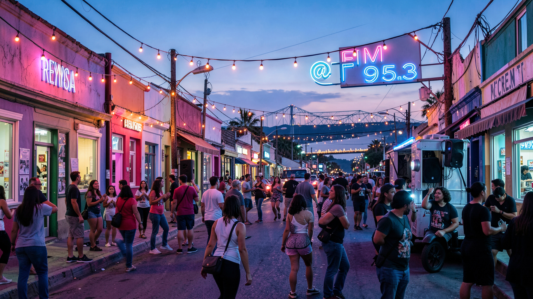 A vibrant border town street scene in Reynosa at dusk with a neon sign reading @FM 95.3