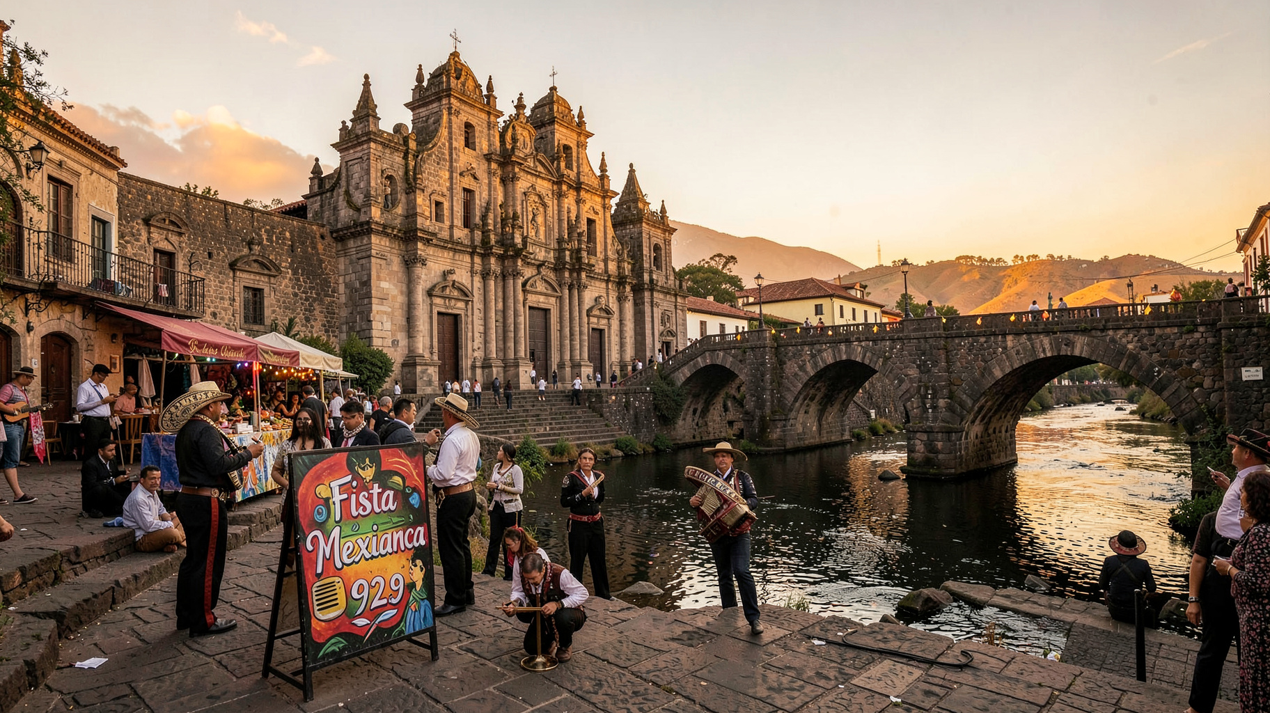 A colonial Mexican plaza in Salvatierra at golden hour with a glowing sign reading Fiesta Mexicana 92.9