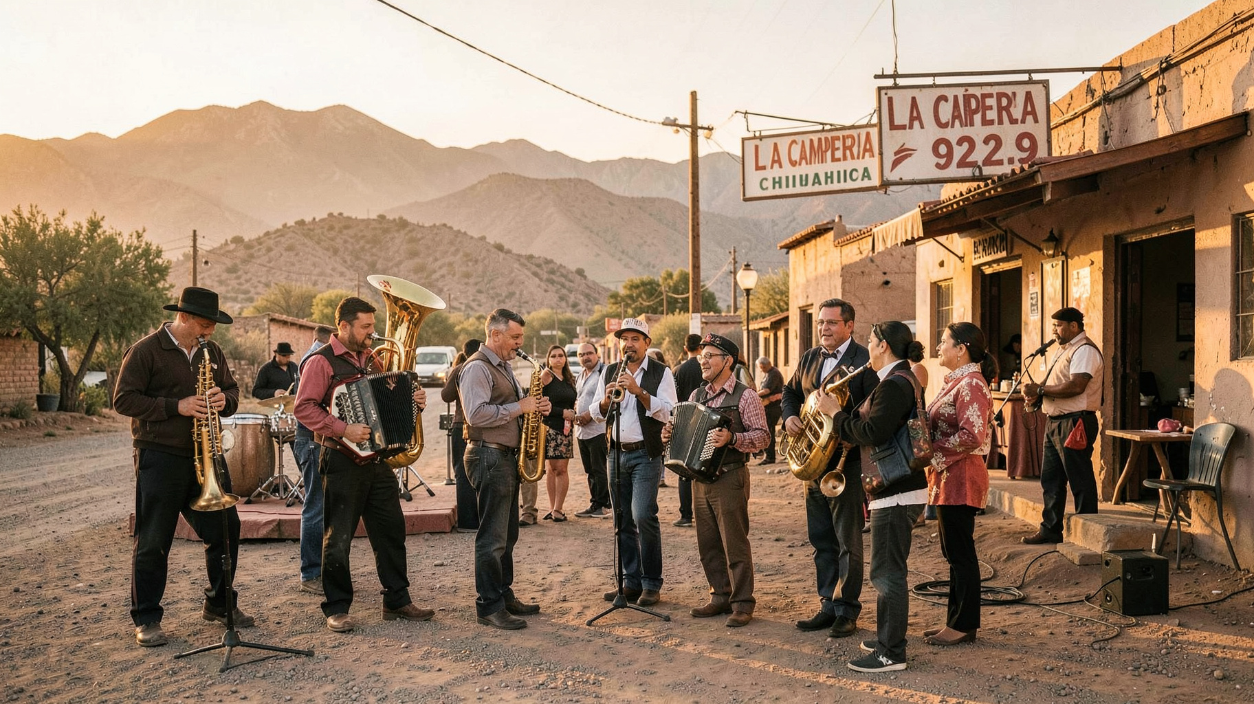 A regional Mexican banda music scene in Chihuahua at golden hour
