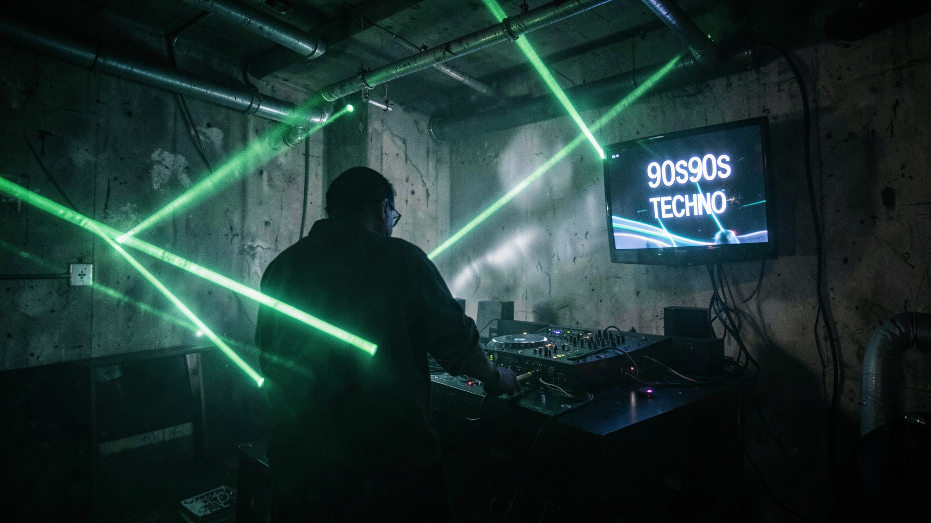 A dark underground Berlin techno club with lasers cutting through fog