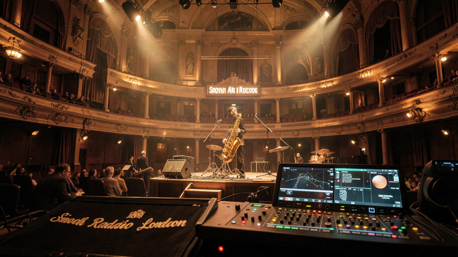 The grand interior of the Royal Albert Hall fading into a modern radio console, with a sign reading Smooth Radio London