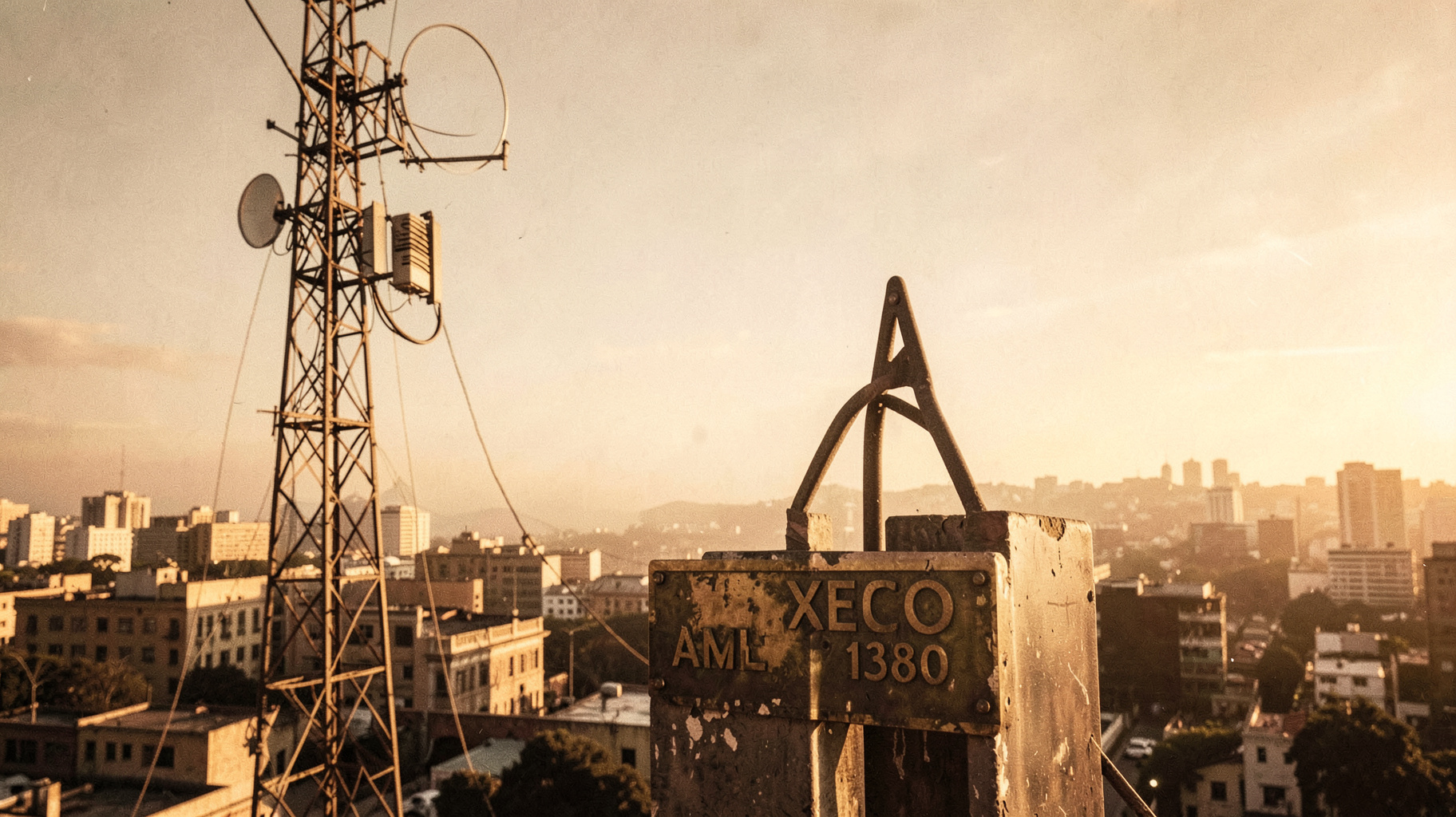 A vintage Mexico City AM radio transmission tower at golden hour with a plaque reading XECO 1380