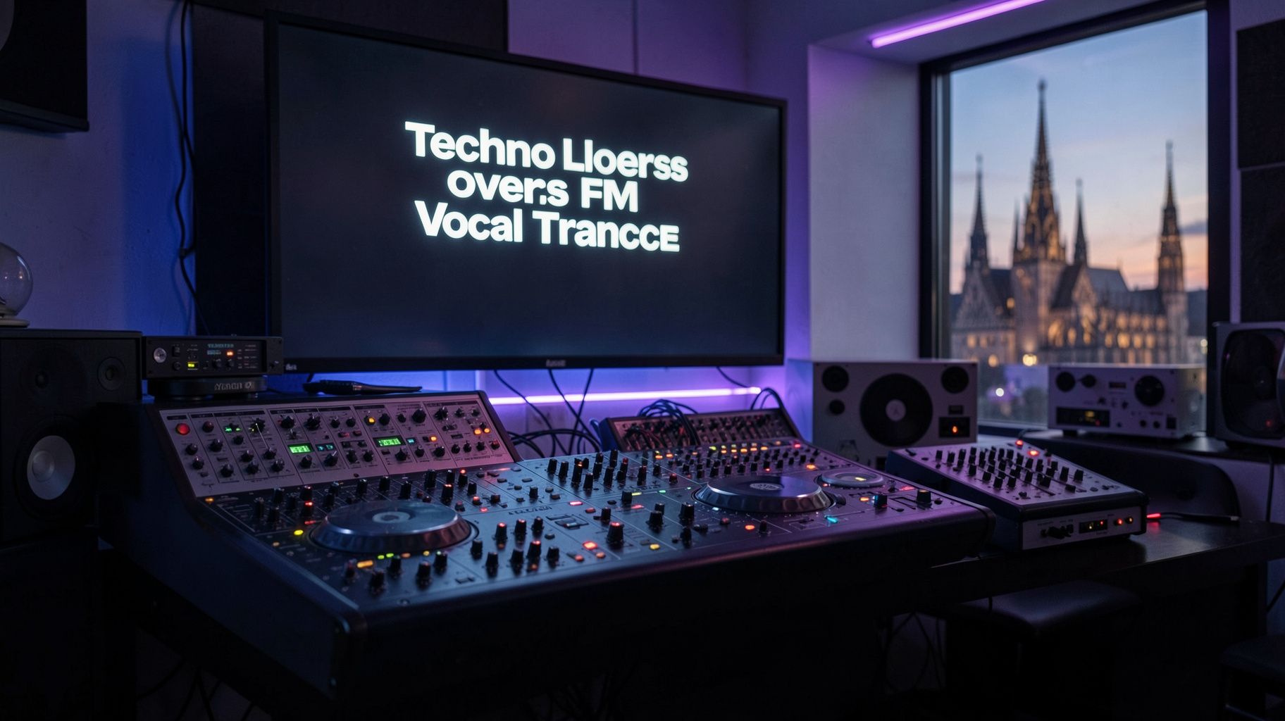 A studio blending vintage synthesizer patch bays with a modern DJ console, screen reading Techno Lovers FM Vocal Trance, Cologne skyline at dusk