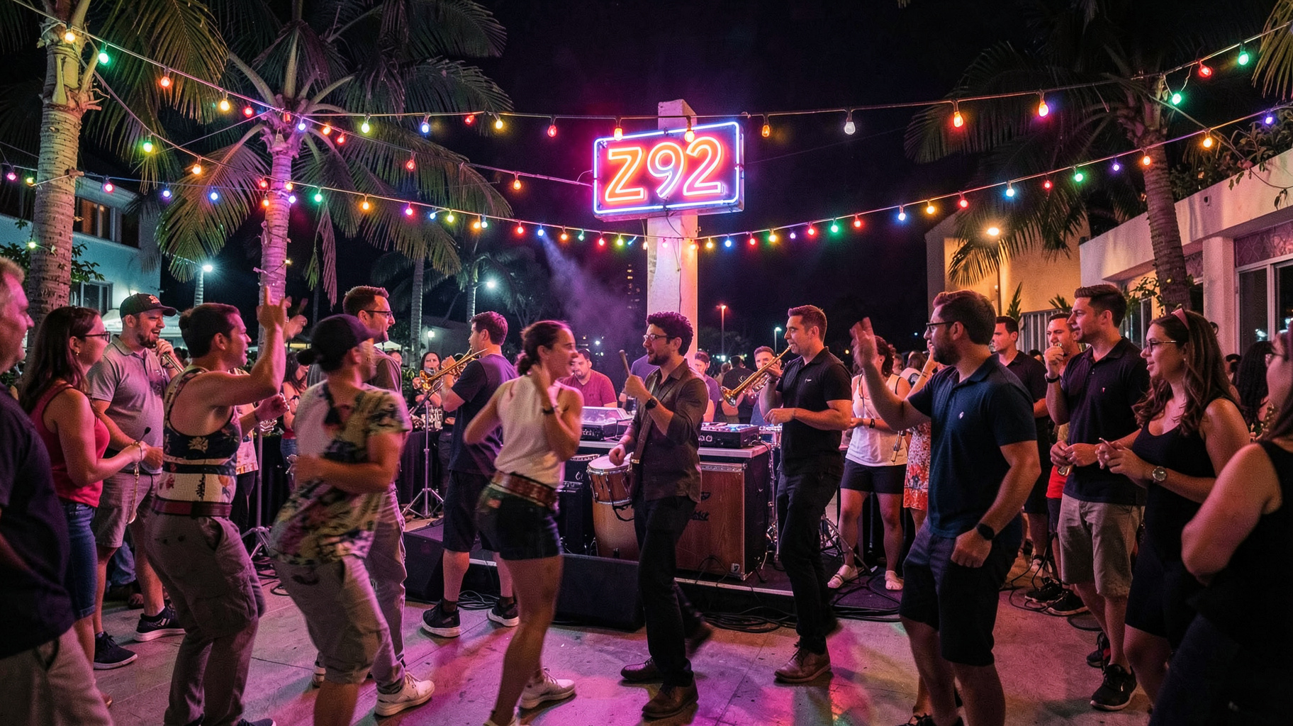 A vibrant Miami salsa club at night with a neon sign reading Z92