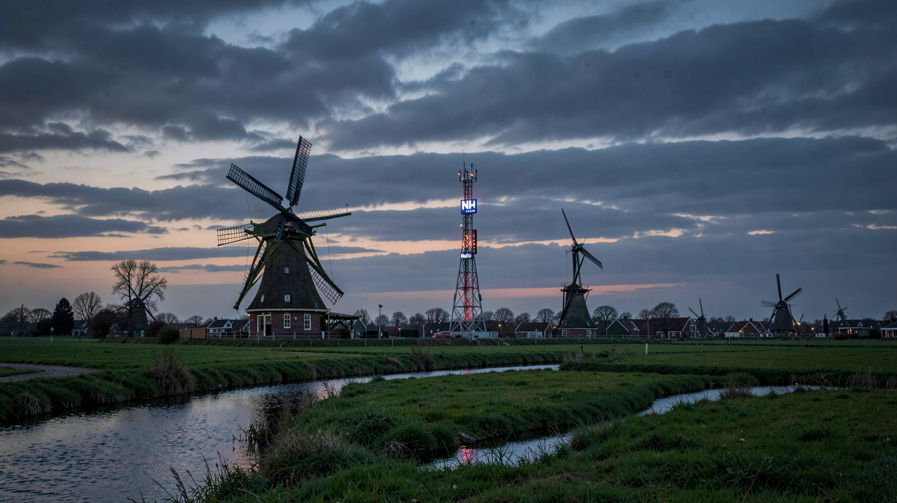 A North Holland polder landscape at dusk with windmills and a glowing radio tower reading NH Radio