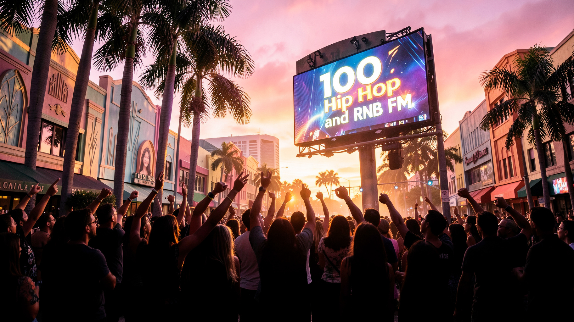 A vibrant Miami street party at sunset with a 100 Hip Hop and RNB FM billboard glowing above the crowd