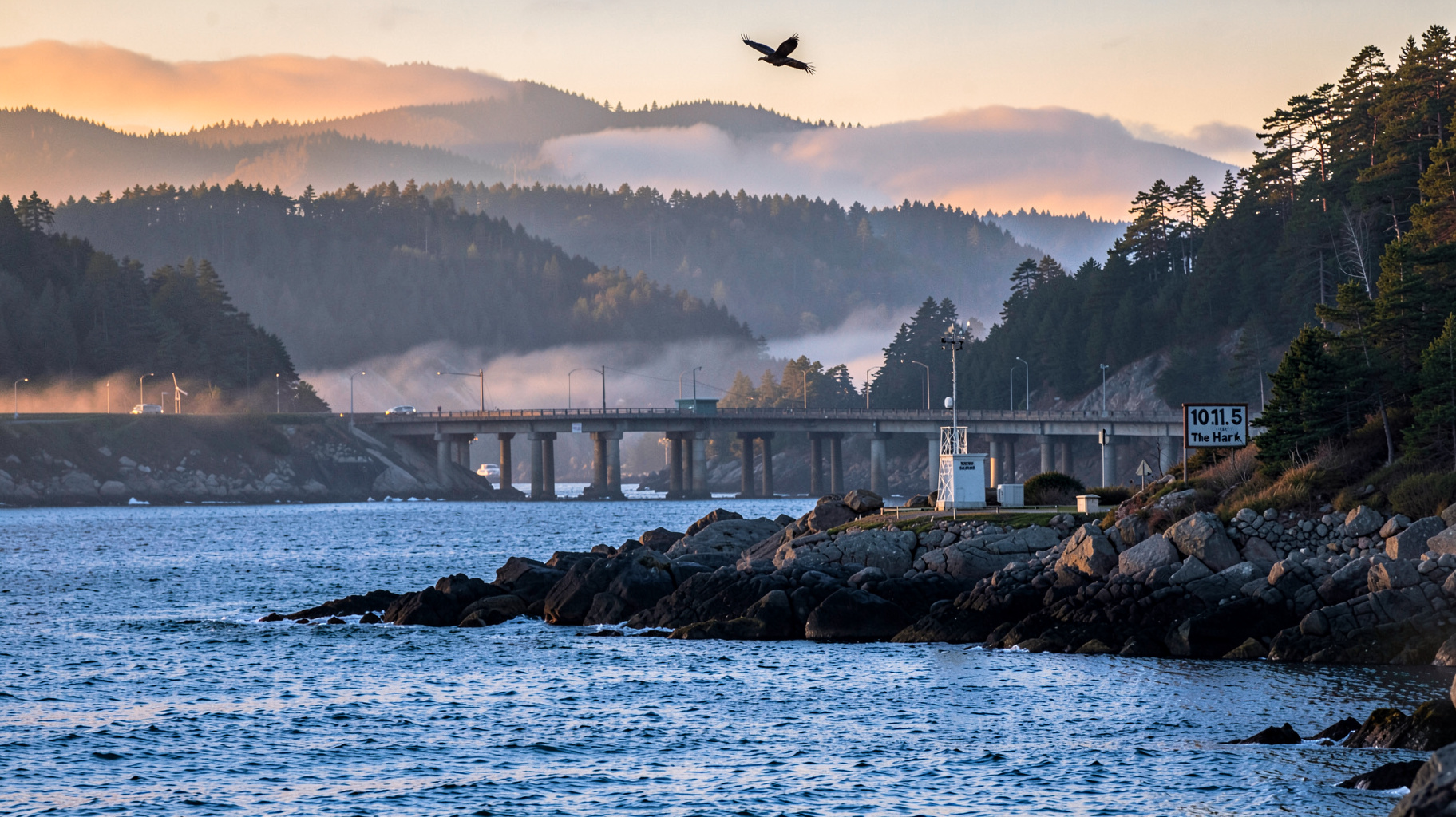 The Canso Causeway in Nova Scotia at sunrise with a hawk soaring above and a radio tower reading 101.5 The Hawk