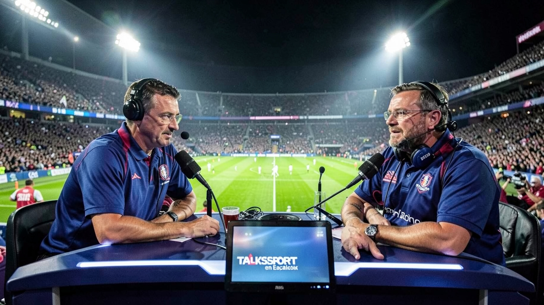A radio commentary booth overlooking a packed Premier League stadium with a monitor reading talkSPORT en Español