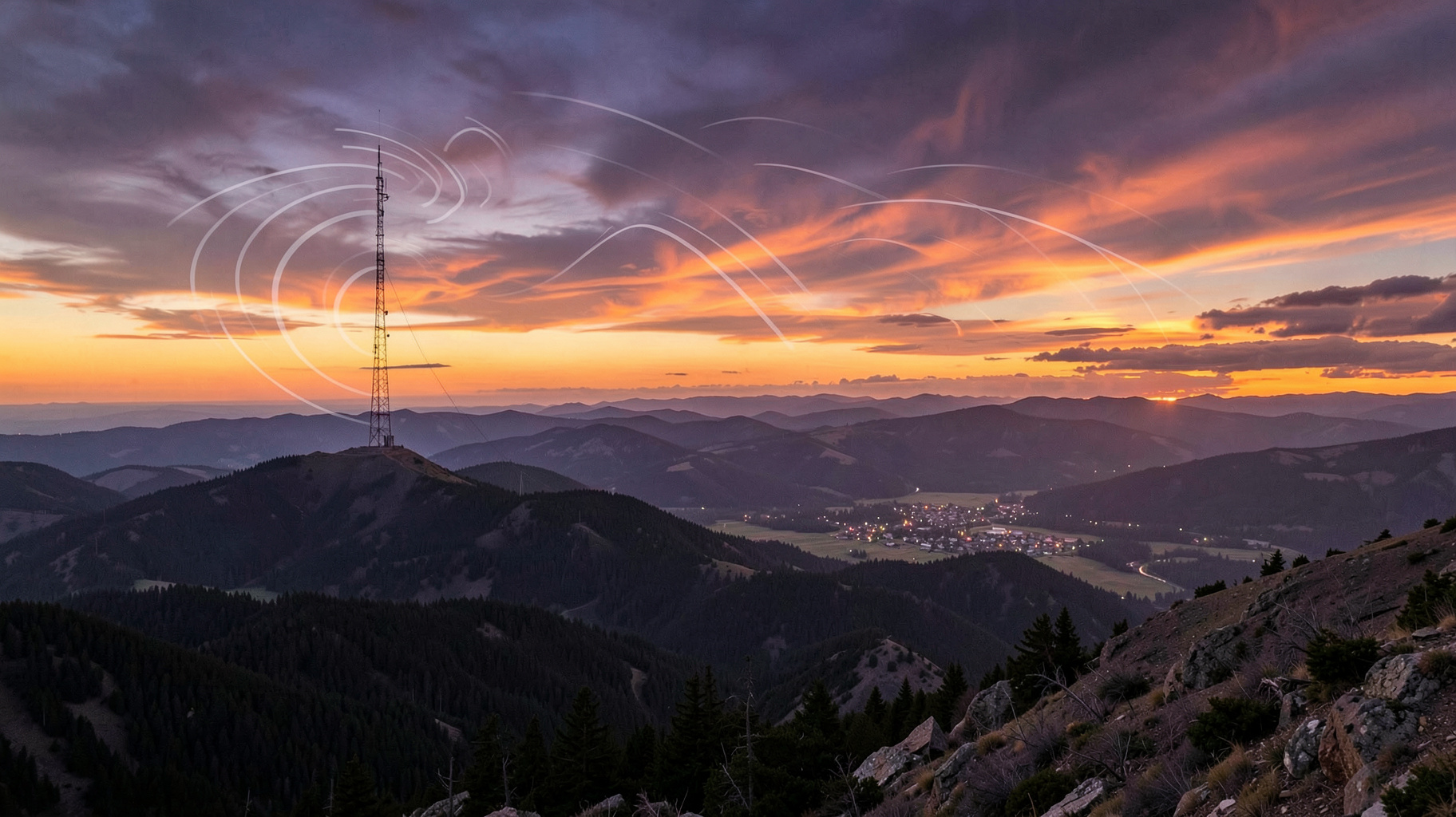 Radio transmission tower on a Montana mountain ridge under a big sky sunset