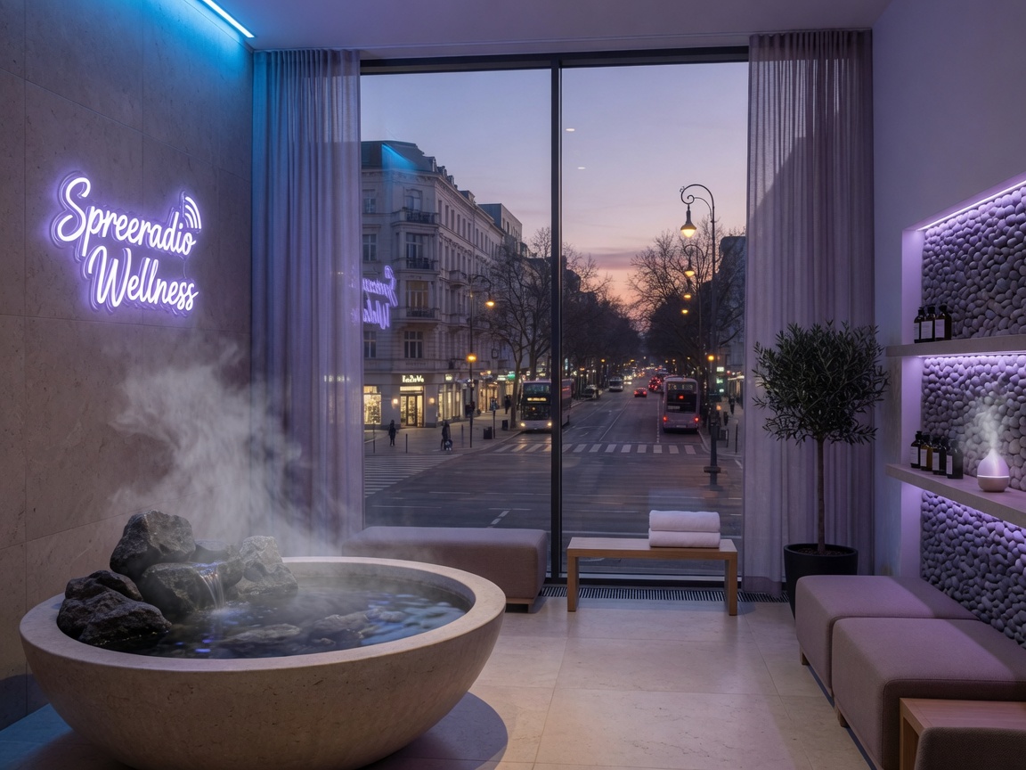 A serene spa lounge overlooking Berlin's Kurfürstendamm boulevard at twilight