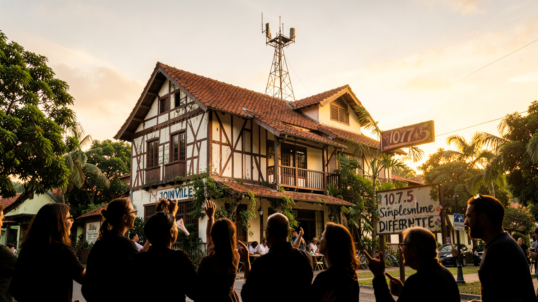A half-timbered German-colonial building in Joinville, Brazil with a radio tower and a sign reading 107.5 Simplesmente Diferente