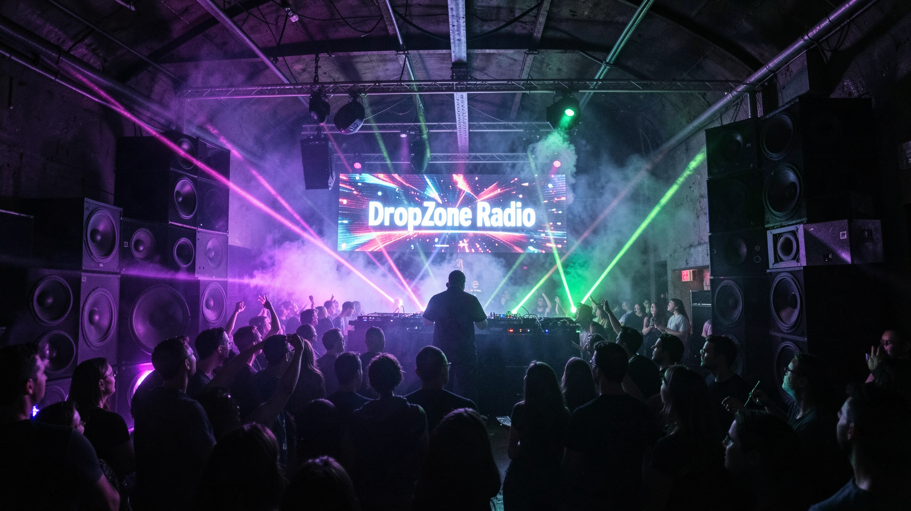 An underground rave with heavy bass sound systems and laser lights