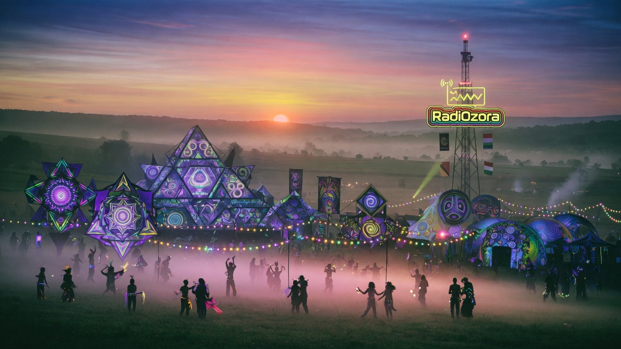 A psytrance festival field at dawn in the Dádpuszta valley of Hungary with a distant tower glowing RadiOzora