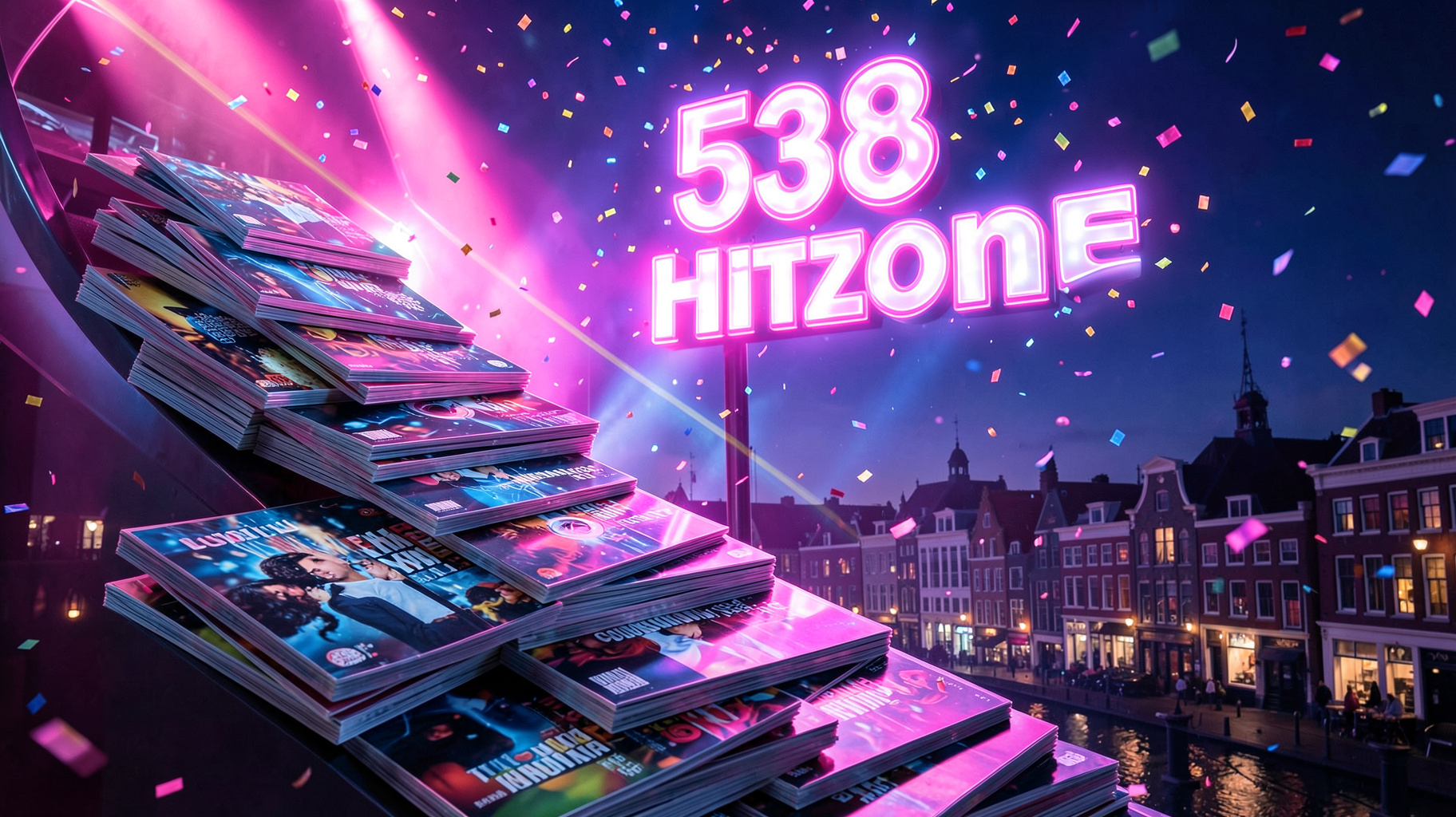 Stacked CD covers spiraling into a dance club light show under a 538 Hitzone sign
