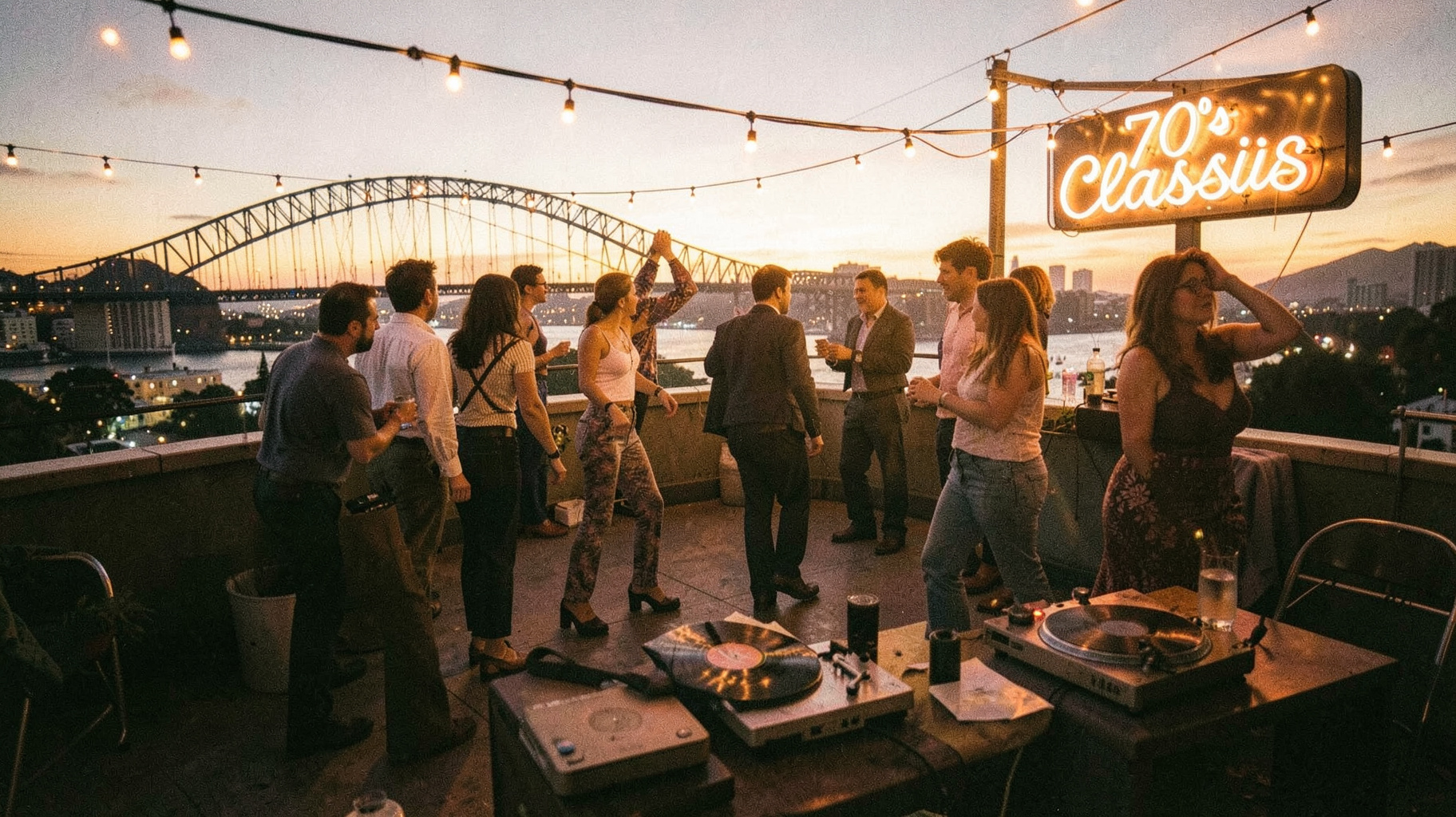 A 1970s rooftop party in Sydney at sunset with dancers and vinyl records in the foreground