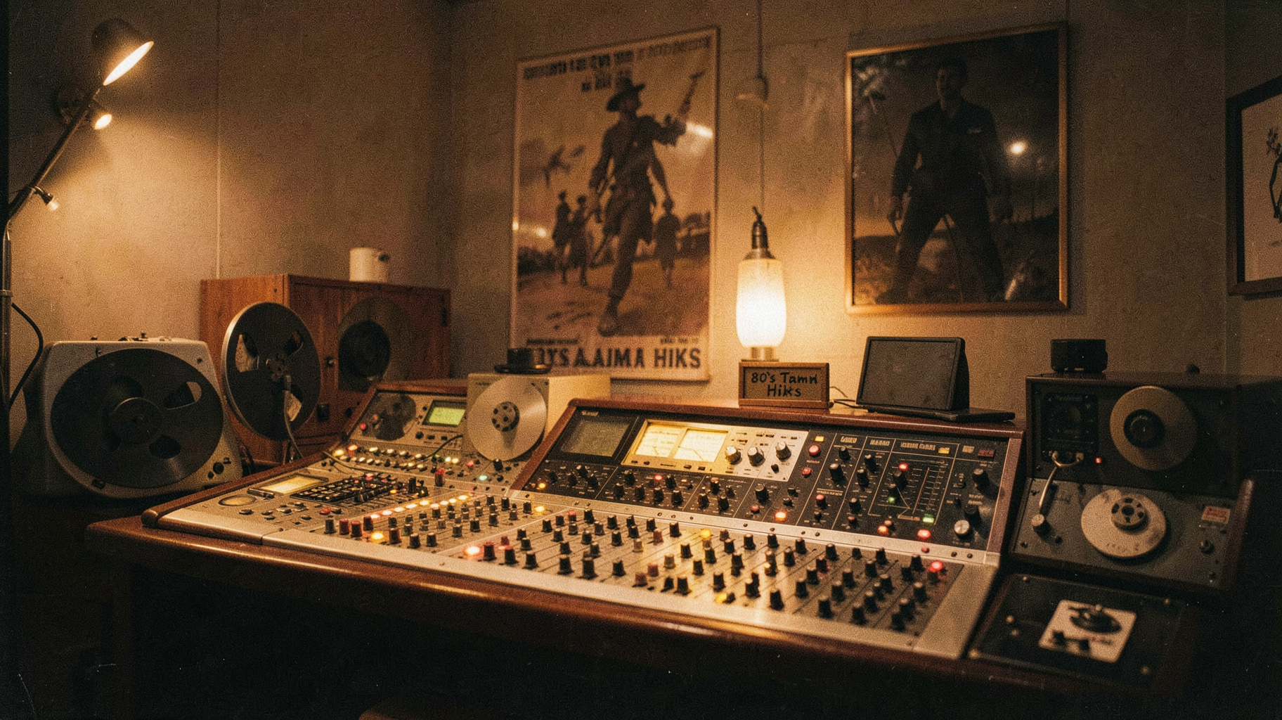 A vintage 1980s Tamil cinema recording studio with a synthesizer console reading 80's Tamil Hits