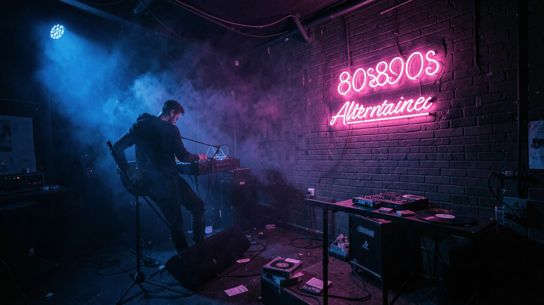 A dark 1980s post-punk club with an 80s80s Alternative neon sign