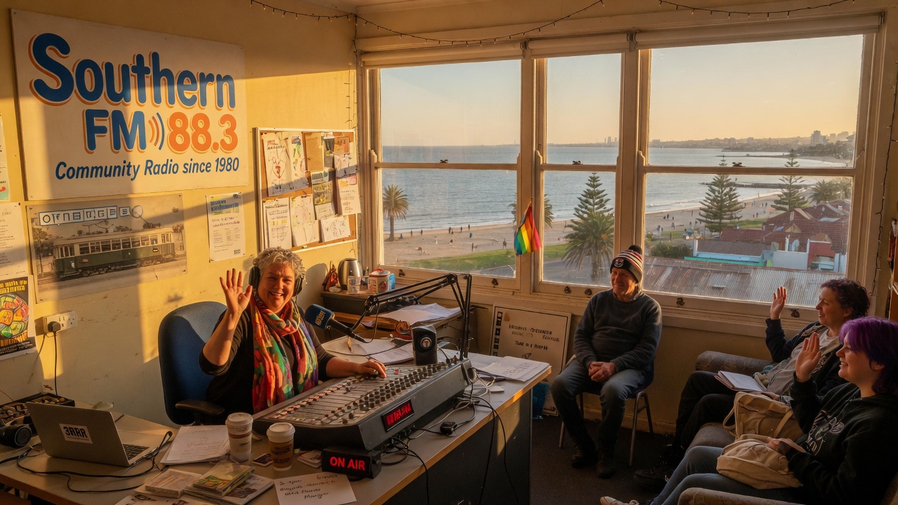 A warm, sunlit community radio studio in suburban Melbourne with a Southern FM 88.3 sign and a glimpse of the bayside coastline