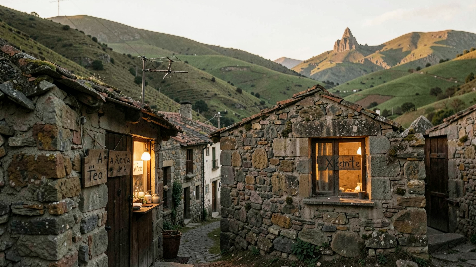 A small Galician village at golden hour with a home studio window and a wooden sign reading A Xente de Teo