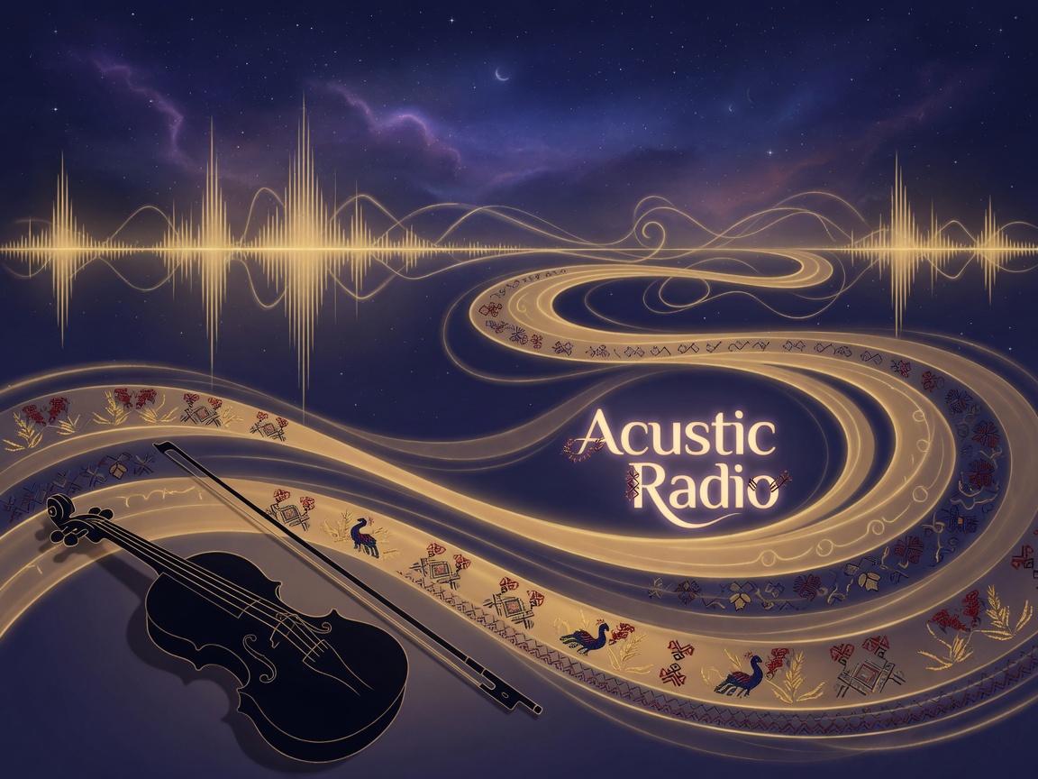 An abstract visualization of golden orchestral sound waves with Romanian folk patterns and a glowing Acustic Radio sign