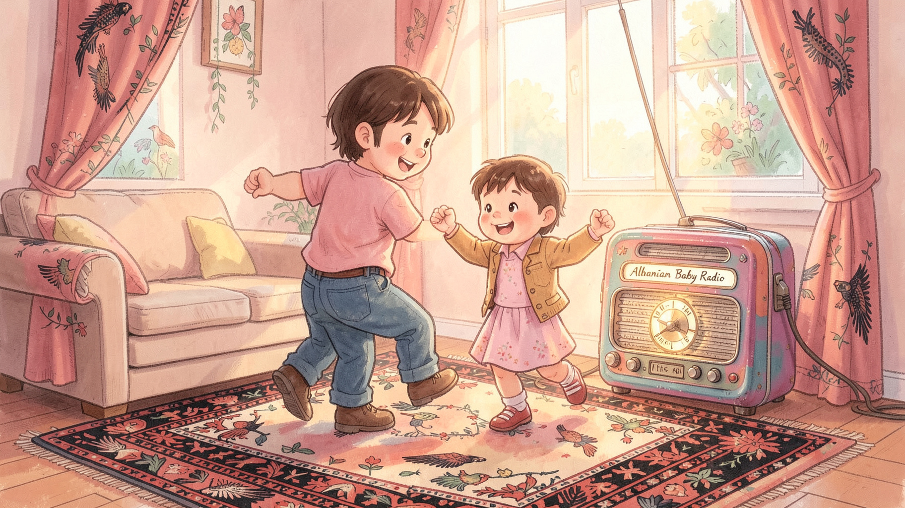 A parent and toddler dancing near a glowing radio labeled Albanian Baby Radio, illustrated storybook style