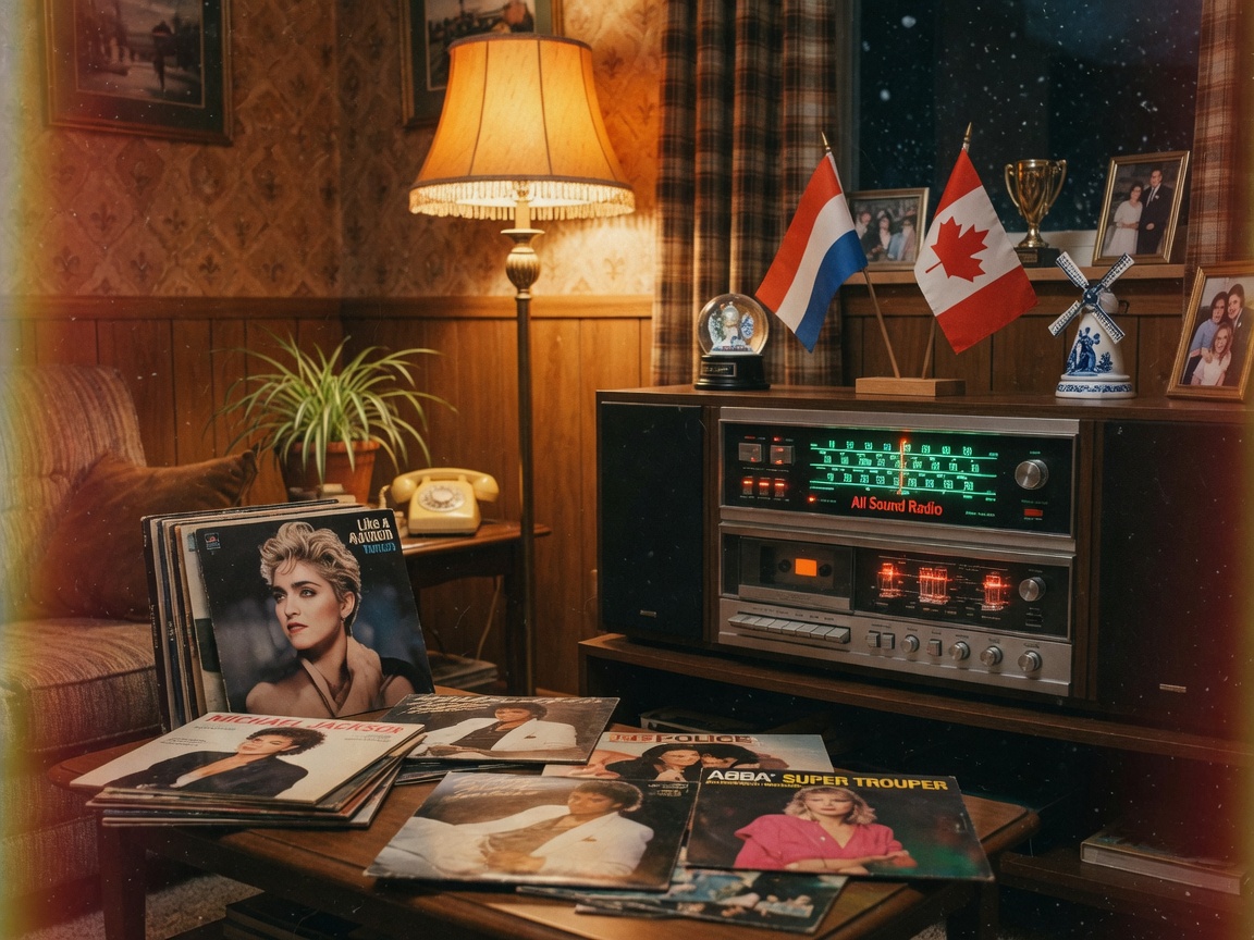 A cozy retro living room in a Canadian home at night with a vintage stereo system, a Dutch flag and Canadian flag on a shelf, and vinyl records of 1980s pop on a table