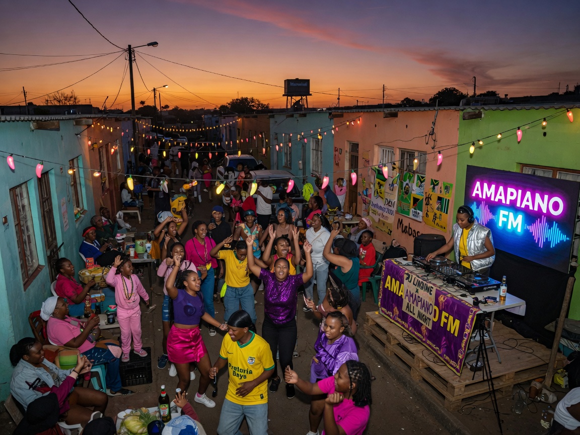 A vibrant township street party at dusk in Pretoria, South Africa, with a DJ booth reading Amapiano FM and a crowd of dancers under string lights