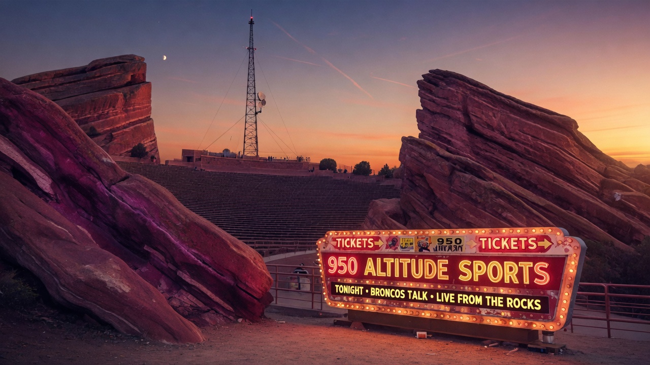 Red Rocks Amphitheatre at dusk with a vintage concert marquee sign glowing 950 Altitude Sports