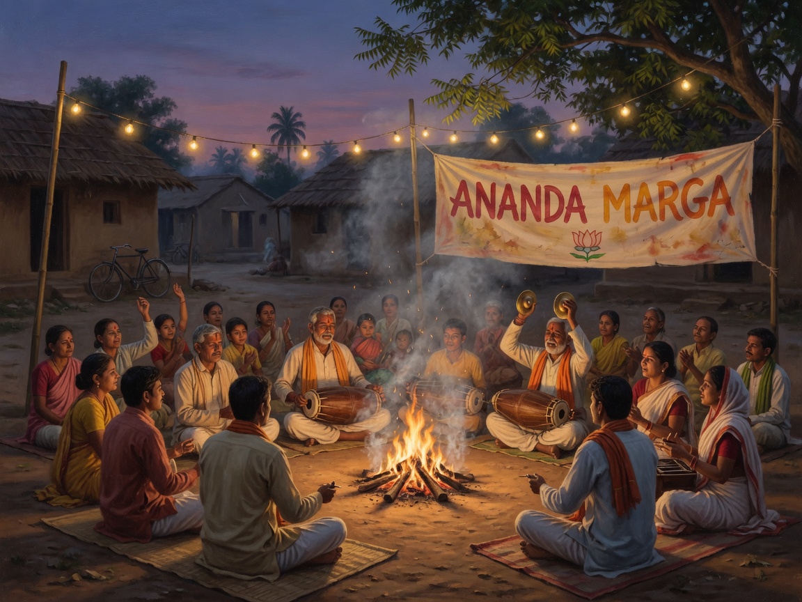A devotional kiirtan gathering at dusk in rural Bihar, India