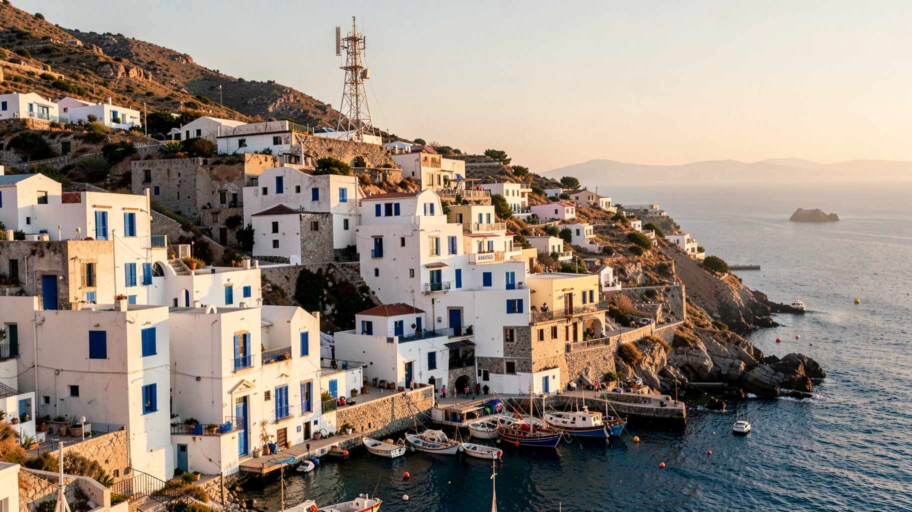 A whitewashed Samos hillside village overlooking the Aegean Sea with a radio relay tower above the harbor