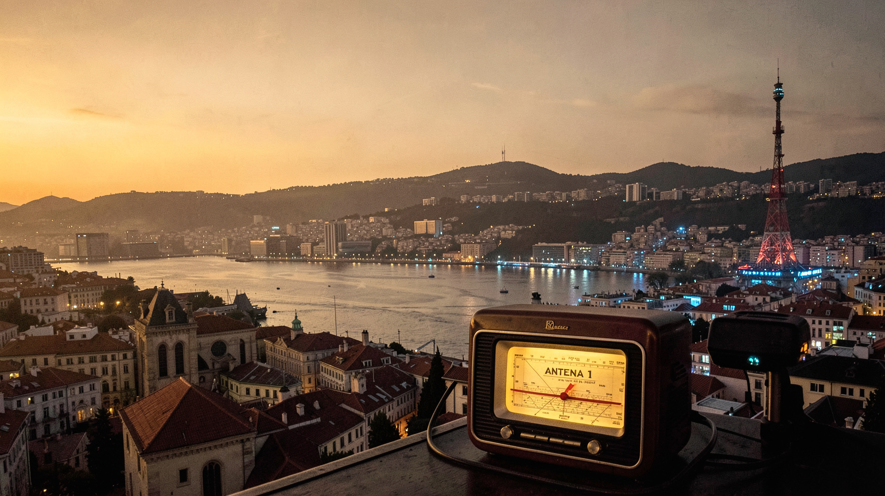 A vintage Art Deco radio tower over Lisbon blending into modern city lights with a dial reading Antena 1