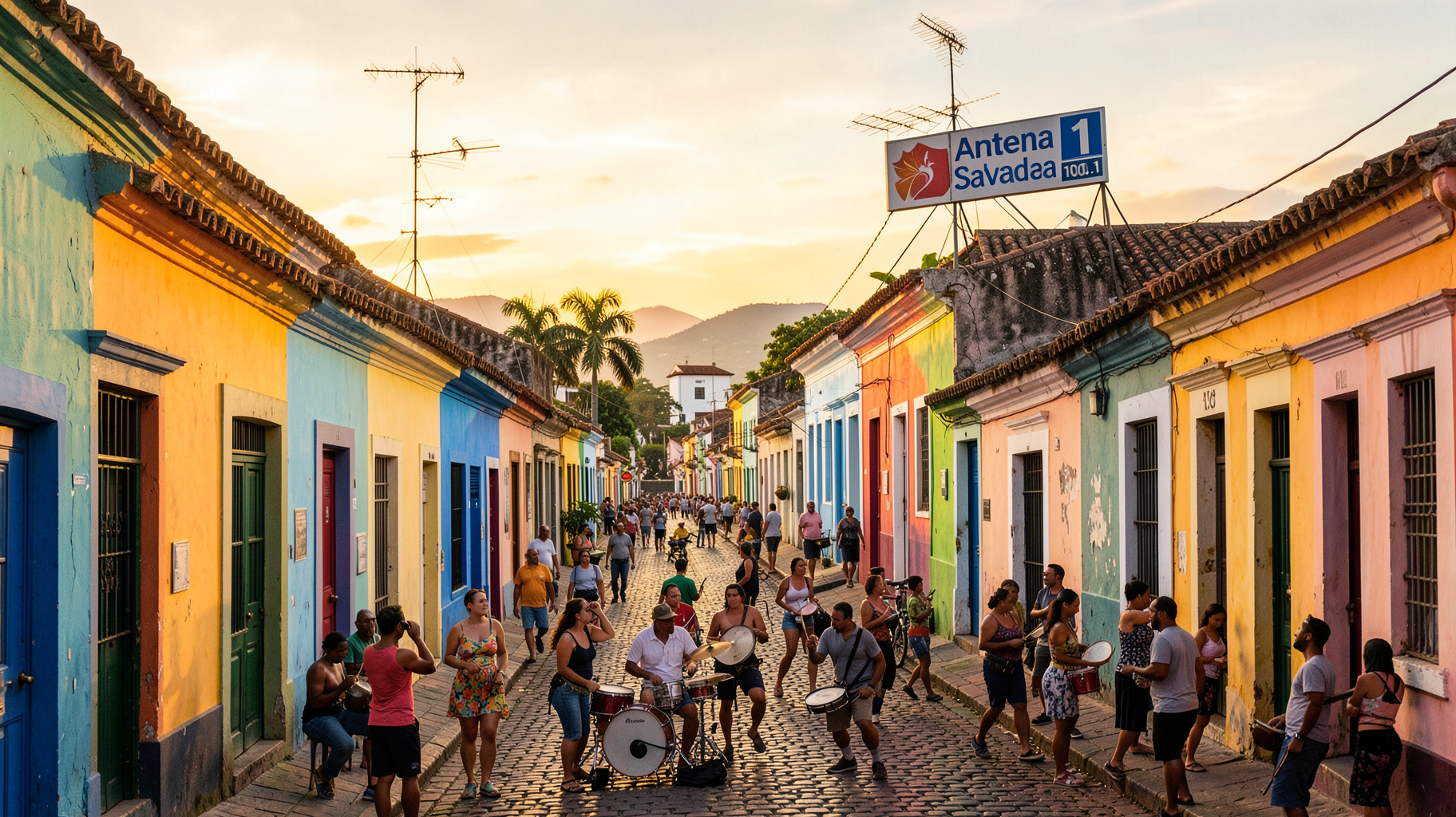 Colorful Pelourinho streets in Salvador da Bahia with a rooftop radio antenna