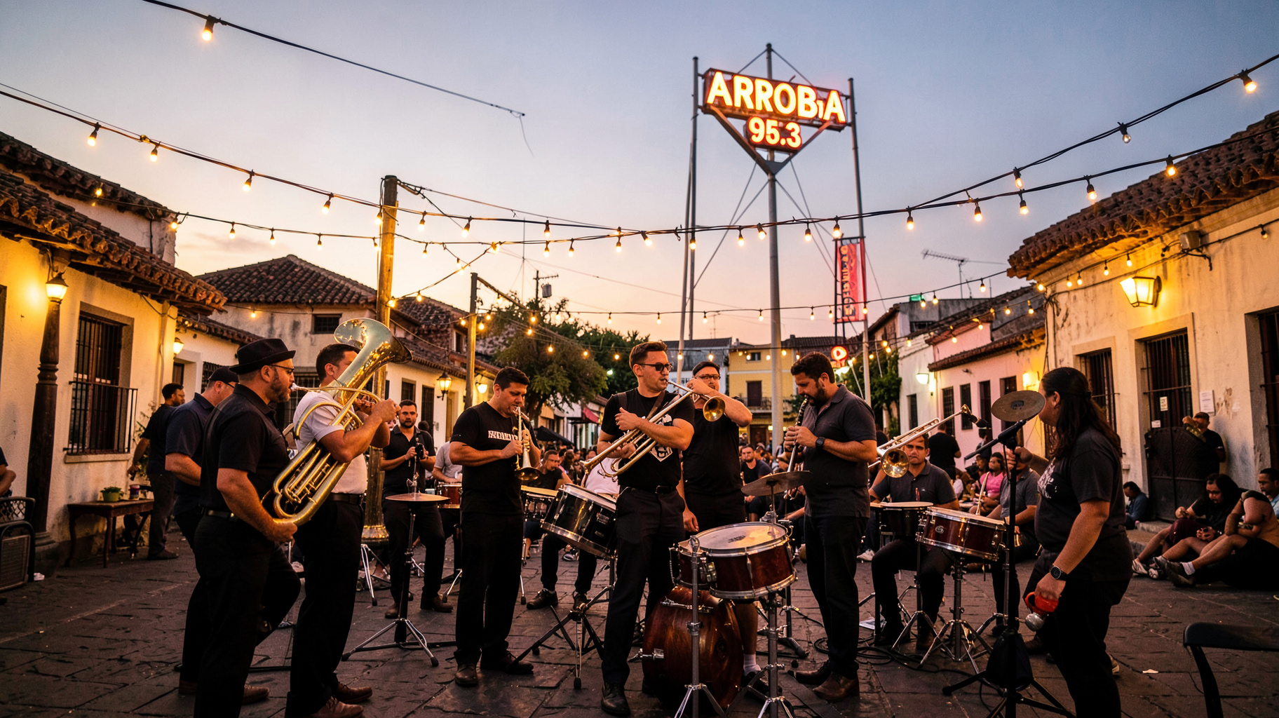 A Sinaloan banda brass band performing at dusk in Culiacan with a radio tower reading Arroba FM 95.3 behind the rooftops