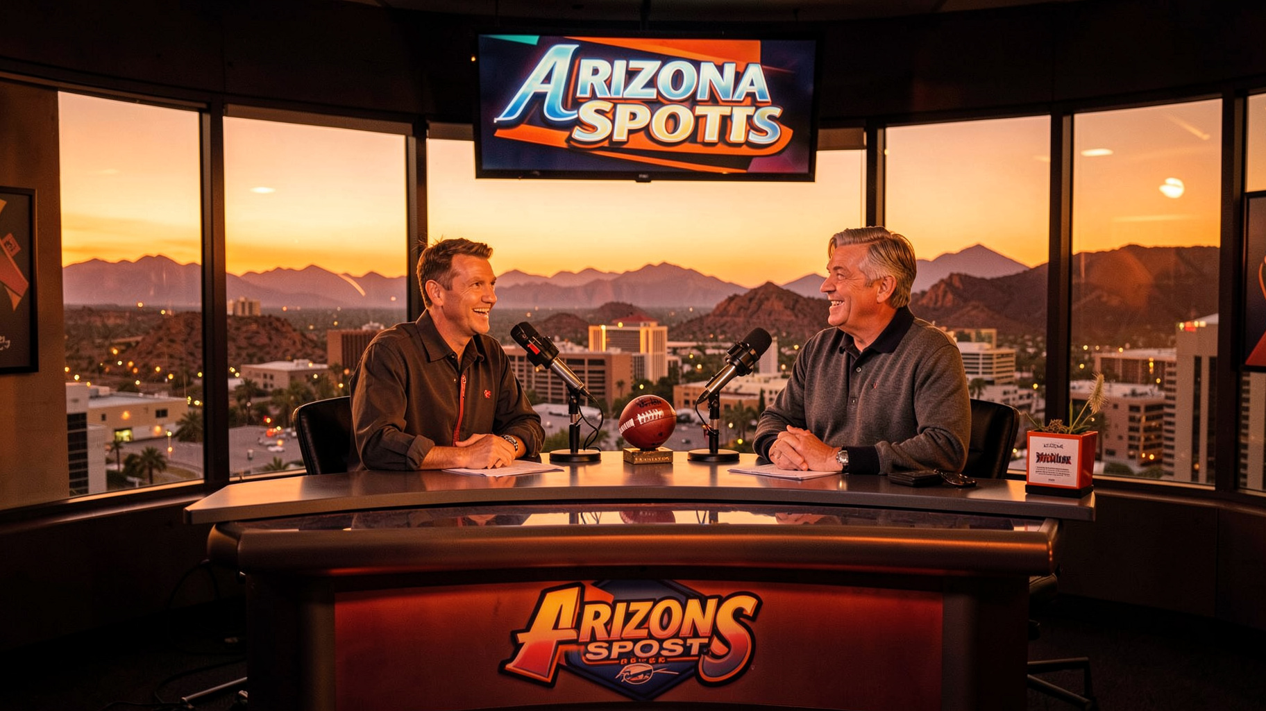Sports talk radio studio overlooking Phoenix at sunset representing Arizona Sports