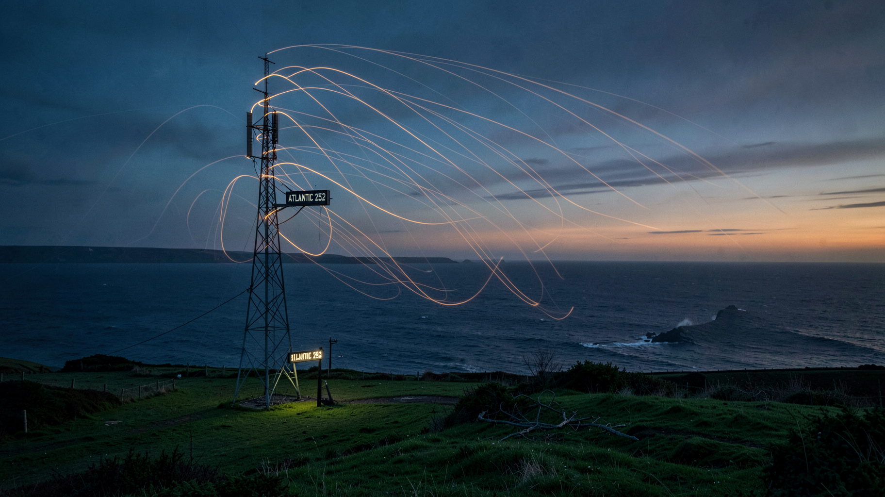 Longwave radio transmission mast in the Irish countryside sending waves toward the British coast, labeled Atlantic 252