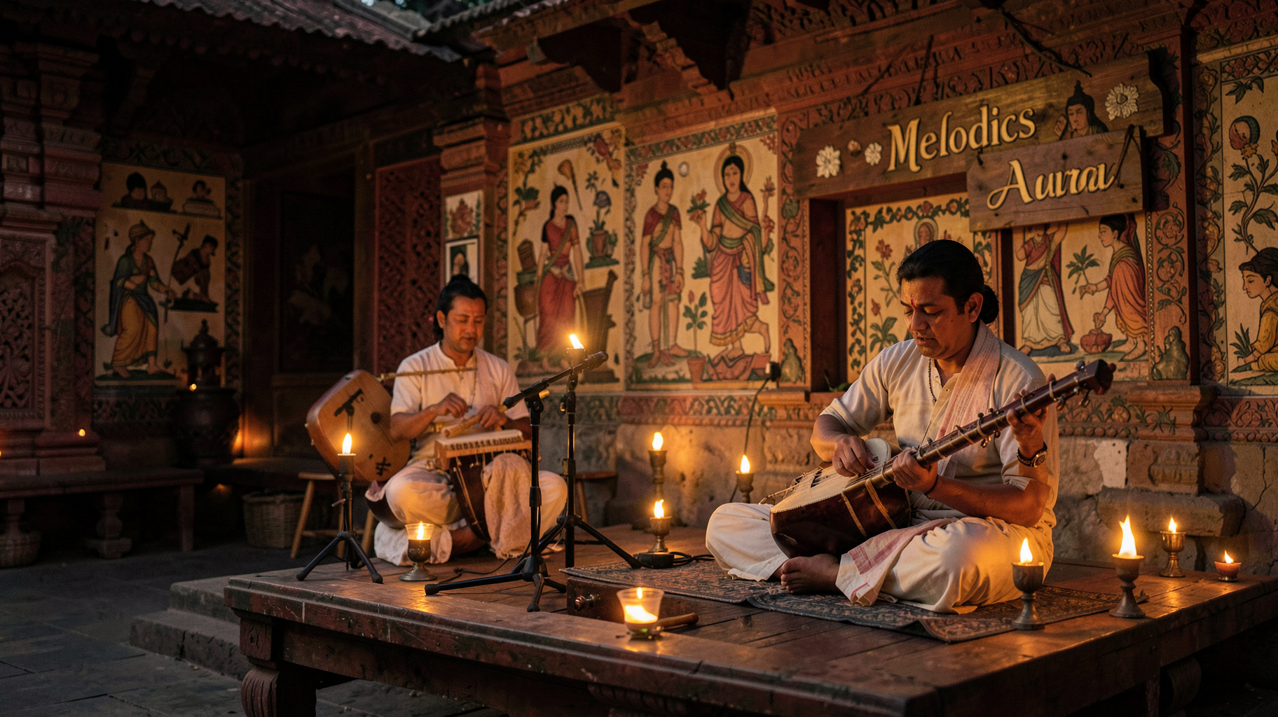 A Carnatic flute and veena performance on a lamplit temple courtyard stage in Thrissur, Kerala, with a wooden sign reading Aural Melodics