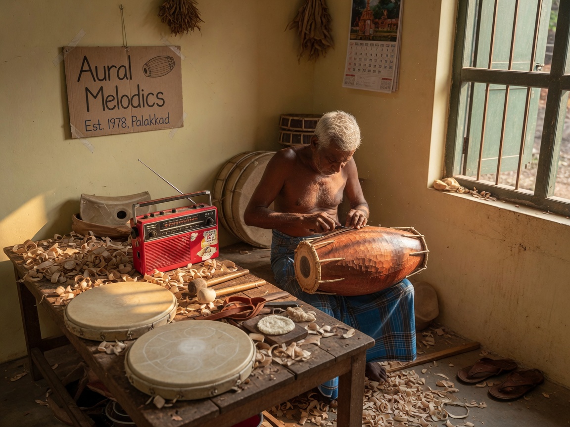 An artisan hand-crafting a mridangam drum in a sunlit Kerala workshop, representing Aural Melodics