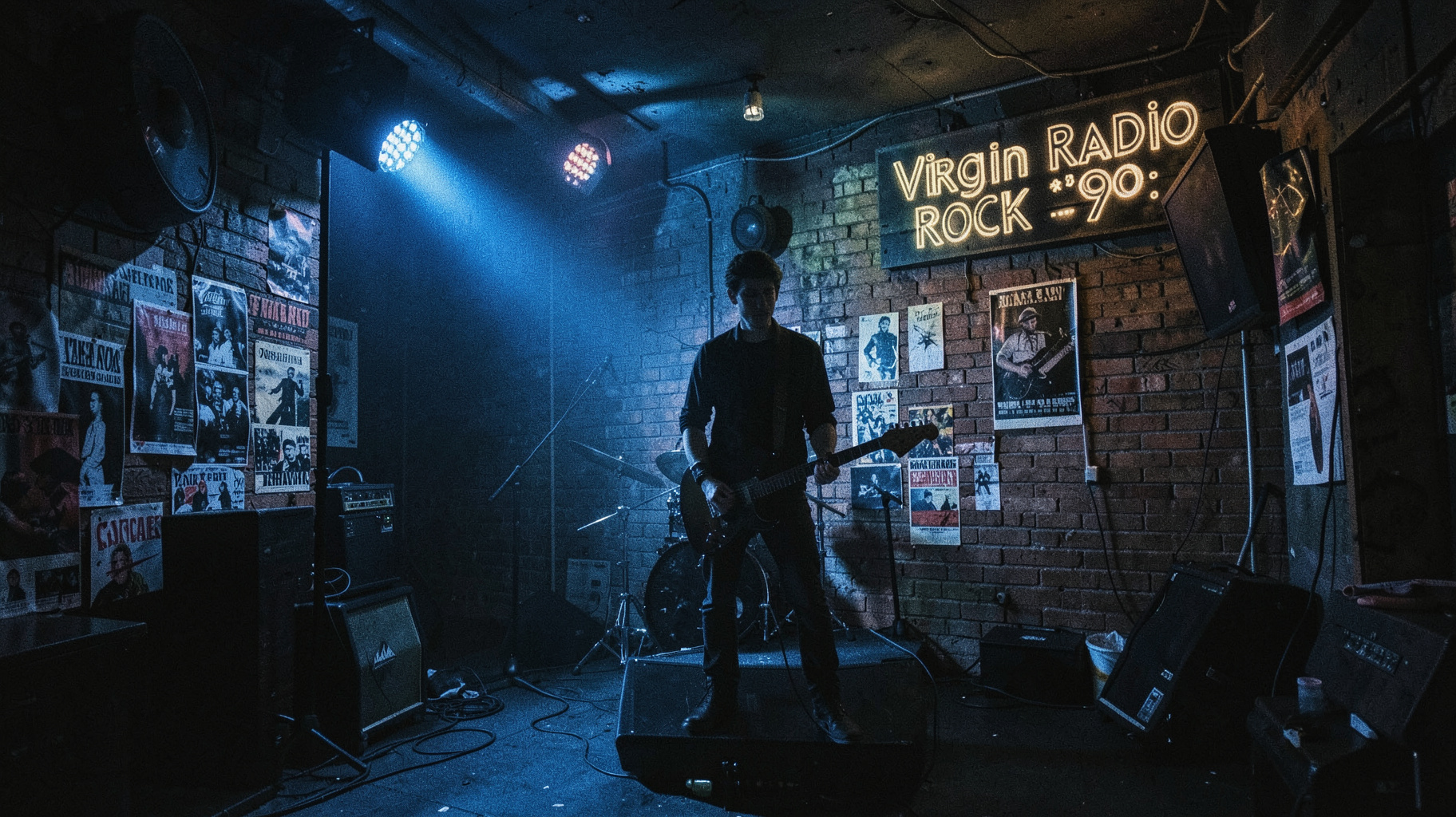 A 1990s Italian rock club basement with a sign reading Virgin Radio Rock 