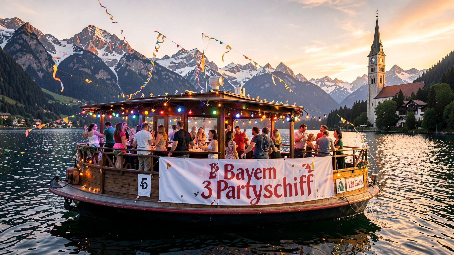 A festive party boat on a Bavarian alpine lake at sunset with a banner reading Bayern 3 Partyschiff