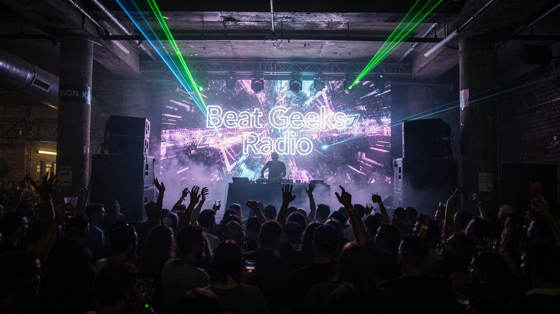 An underground London warehouse rave with a DJ under purple lights and a screen reading Beat Geeks Radio, inspired by Beat Geeks Radio