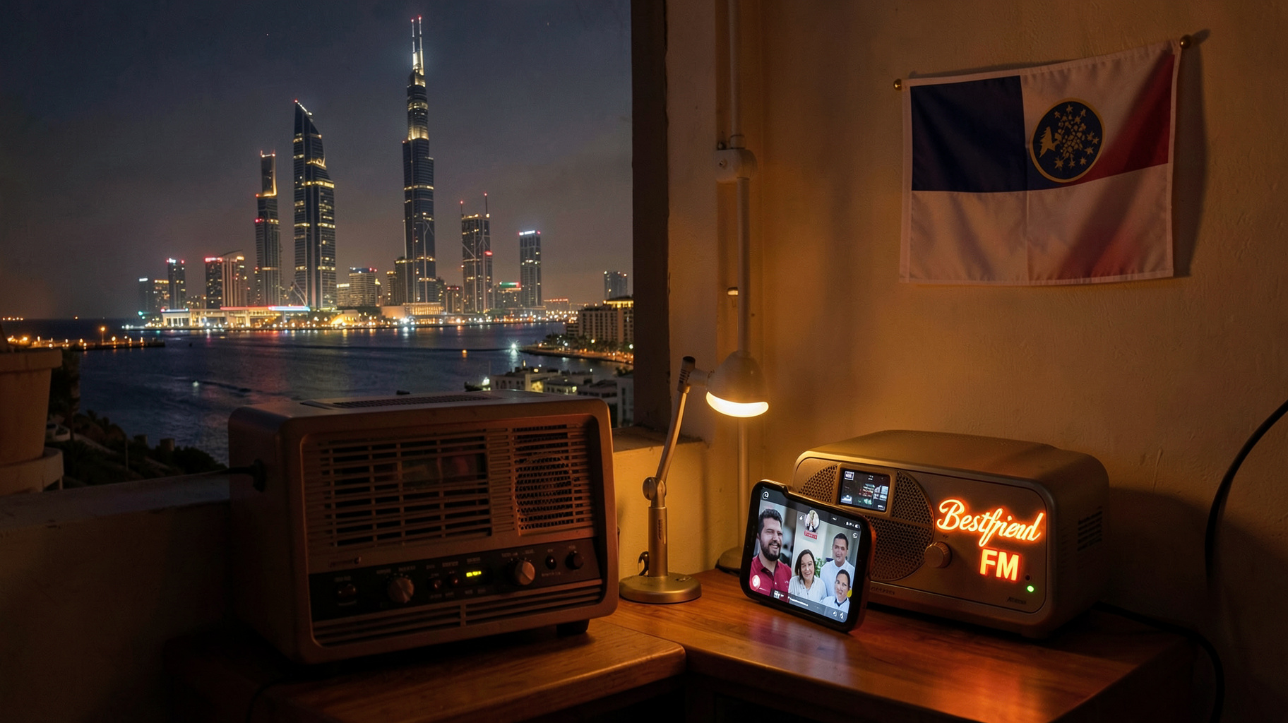 A warm nighttime scene blending the Dammam skyline with a cozy room featuring a Philippine flag and a radio glowing with the words Bestfriend FM