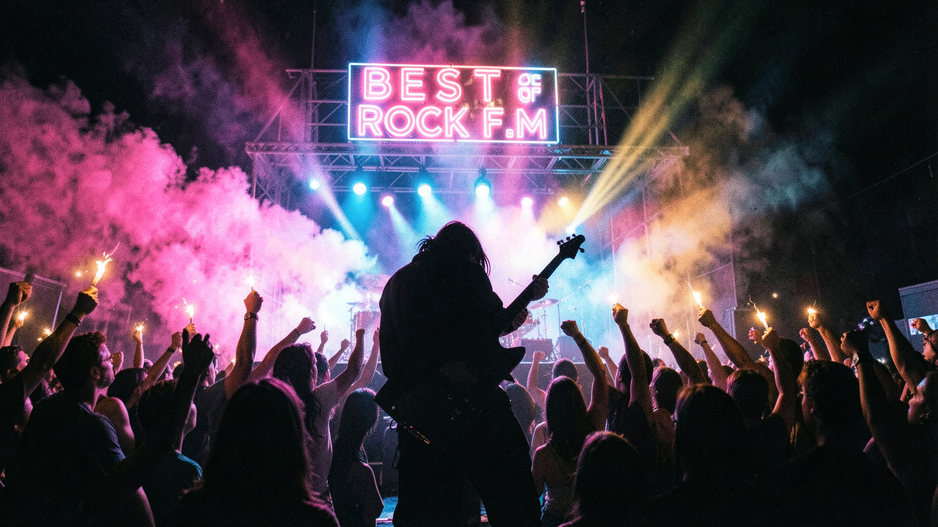 Retro 1980s arena rock concert with neon Best of Rock FM sign above the stage