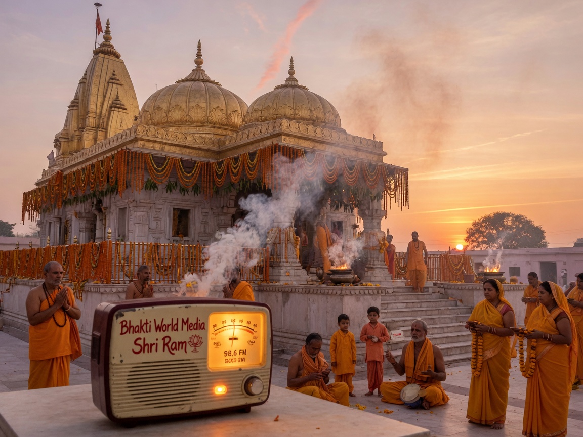 A serene dawn scene at a golden temple in Ayodhya with saffron-robed devotees and a glowing radio