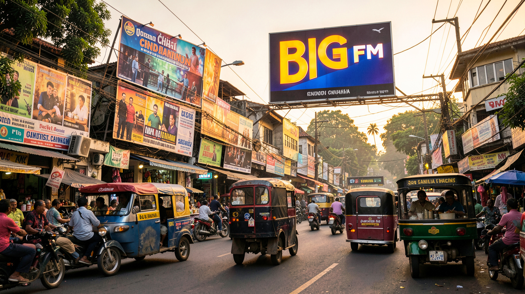 A bustling Chennai street at golden hour with a radio station billboard glowing above a tea stall