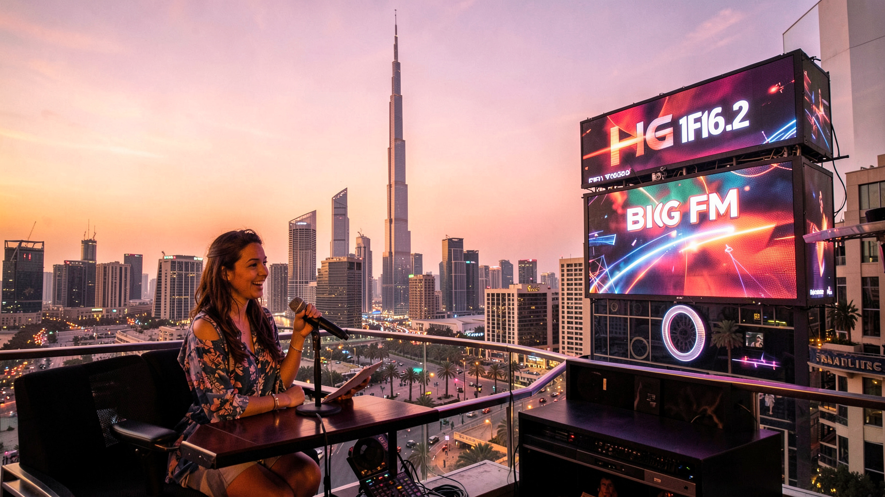 The Dubai skyline at dusk with the Burj Khalifa glowing behind a rooftop radio studio