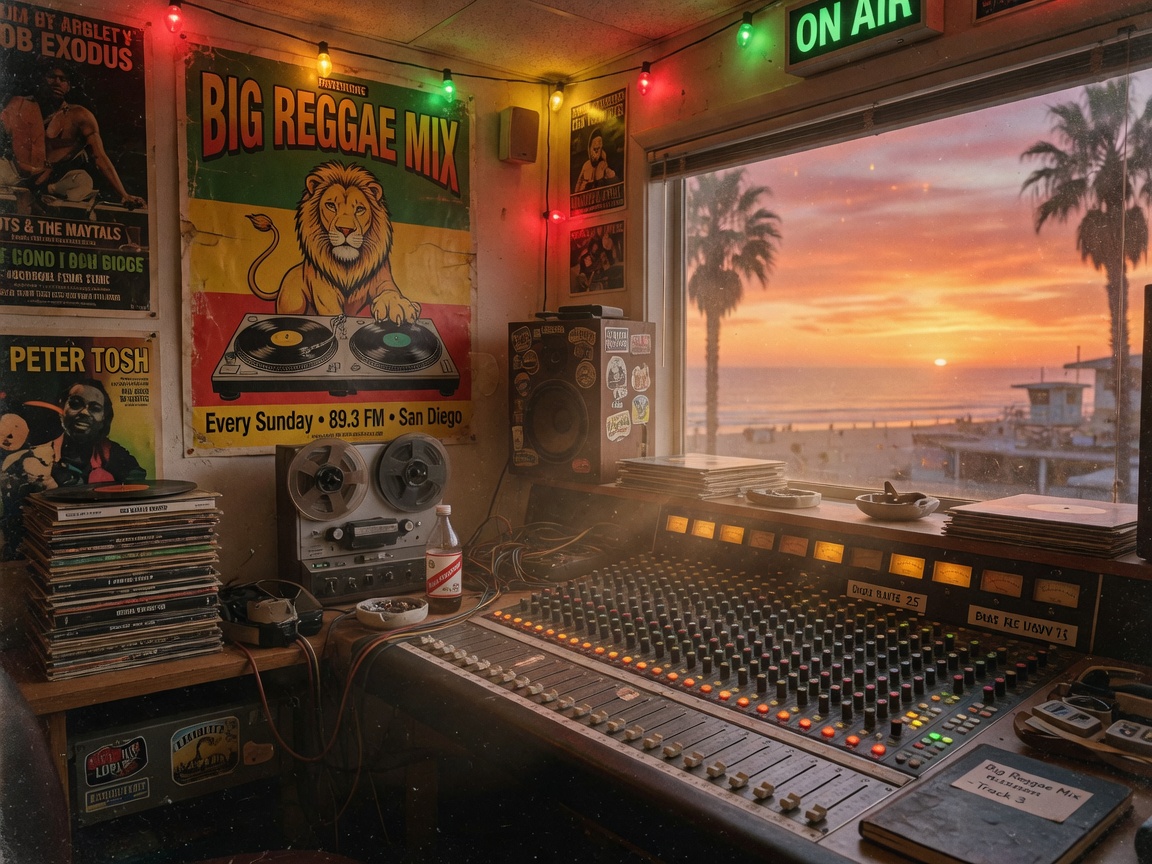 A vintage reggae recording studio mixing desk glowing at sunset