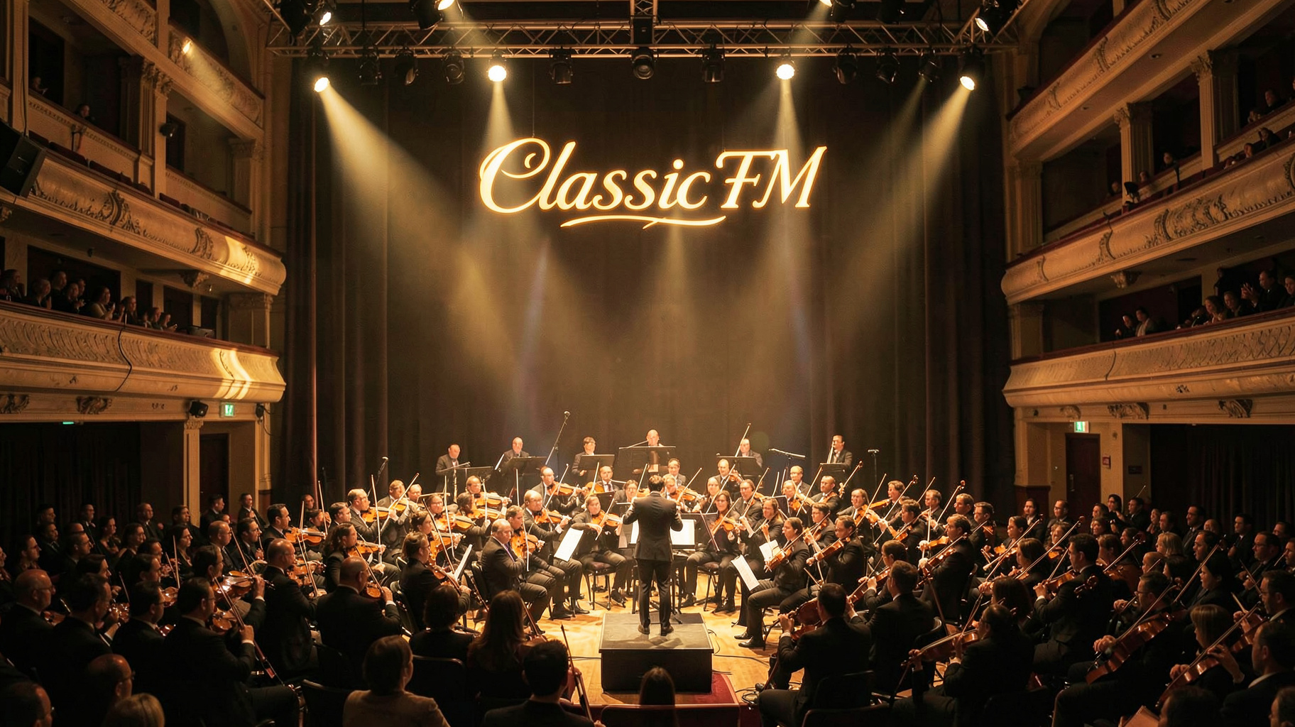 A full orchestra performing in a concert hall under a Classic FM sign