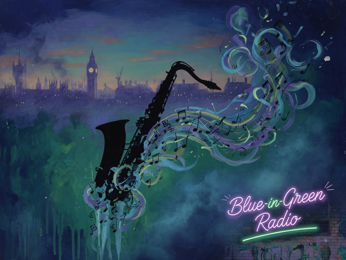 Abstract blue and green jazz artwork with saxophone silhouette, inspired by Blue-in-Green:RADIO, London